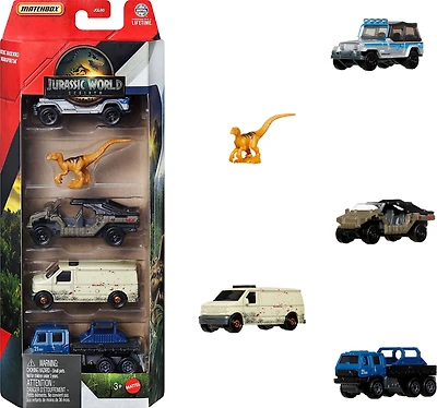 Matchbox Jurassic World 5-Pack, 4 1:64 Scale Die-Cast Toy Cars with 1 Dinosaur (Styles May Vary)