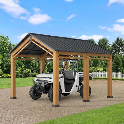 Sunjoy Wood Gazebo 13 ft. x 11 ft. Hardtop Carport Heavy Duty Garage Car Shelter with Steel Roof and Wooden Frame, Gable Roof Cedar Gazebo for Cars and Outdoor Equipment