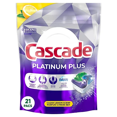 Cascade Platinum Plus Dosettes pour Lave-Vaisselle, Détergent pour Lave-Vaisselle ActionPacs, Citron Net 21CT