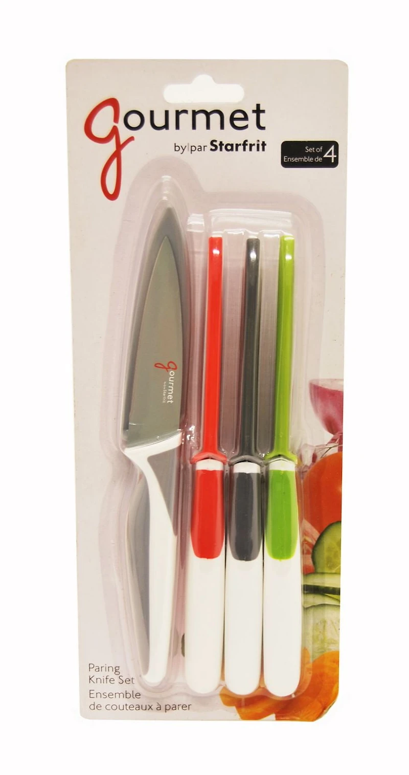 Starfrit Gourmet Ensemble De 4 Couteaux À Parer Avec Étui, Lame En Acier Inoxydable 3,5", Manche Antidérapant, Code Couleur, Rangement Sécuritaire