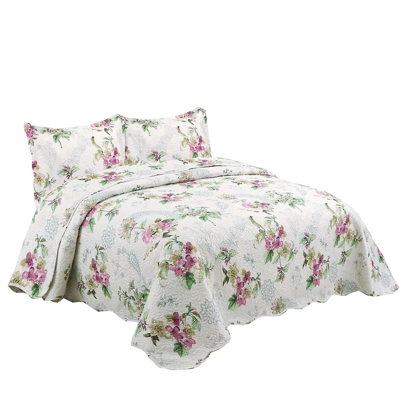 Marina Decoration Rich Printed Embossed Pinsonic Coverlet Bedset Ultra Soft Bedding Summer Quilt Set with Shams, Violet Floral Mandala Pattern