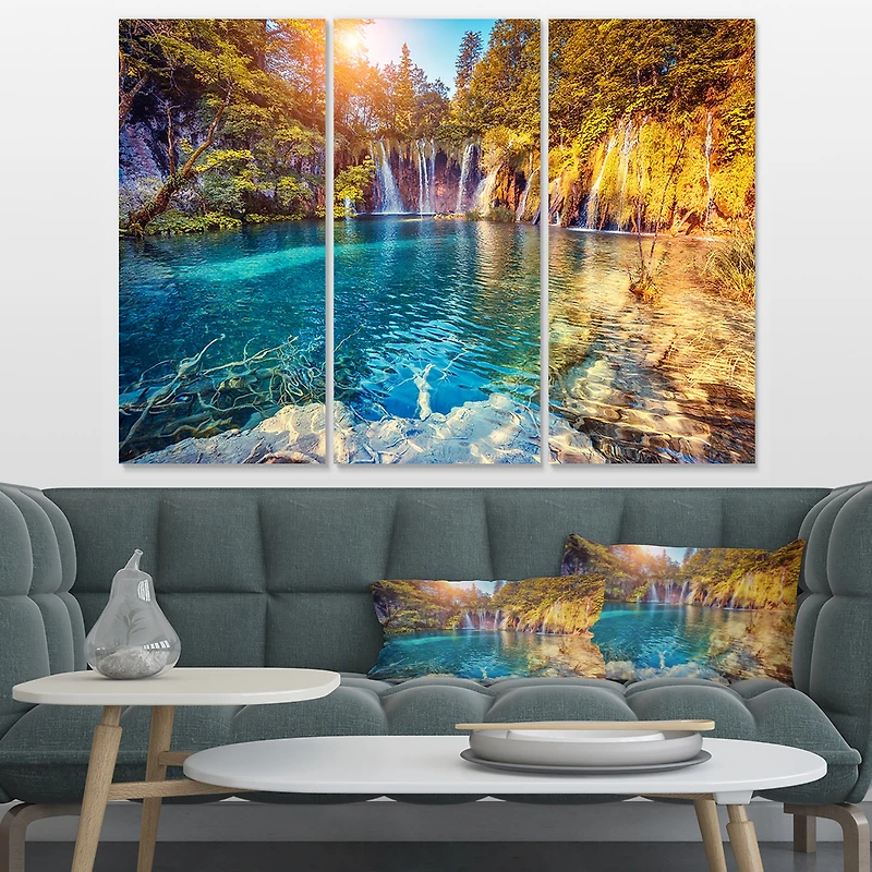 Design Art Turquoise Water And Sunny Beams Landscape Photo Canvas Art Print