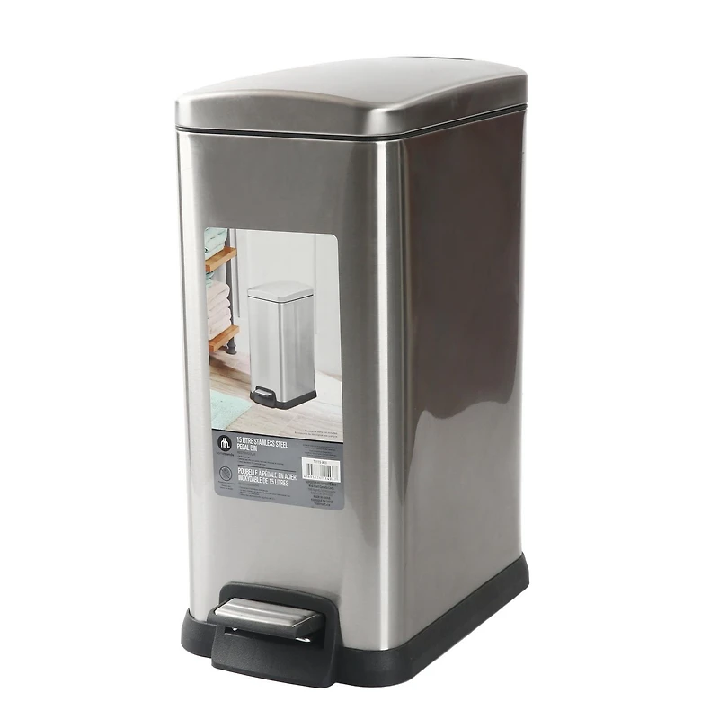 Hometrends 15 Liter Stainless Steel Hands Free Bathroom Trash Can, Durable Foot Pedal, Fingerprint-proof stainless steel finish Wastebasket