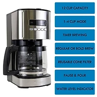 Kenmore Programmable 12-Cup Coffee Maker, Stainless & Black, Auto Brew & Keep Warm Functions