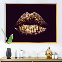 Designart Sexy Golden Metallized Female Lips II FLOAT FRAME WALL ART