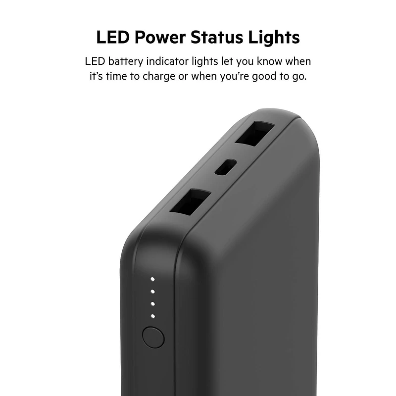 Belkin Chargeur portable USB-C, 20 000 mAh avec 1 port USB-C et 2 ports USB-A pour une charge jusqu’à 15W pour iPhone 14 Pro, 14 Pro Max, AirPods, iPad, Galaxy S23, S23+, Ultra - Noir
