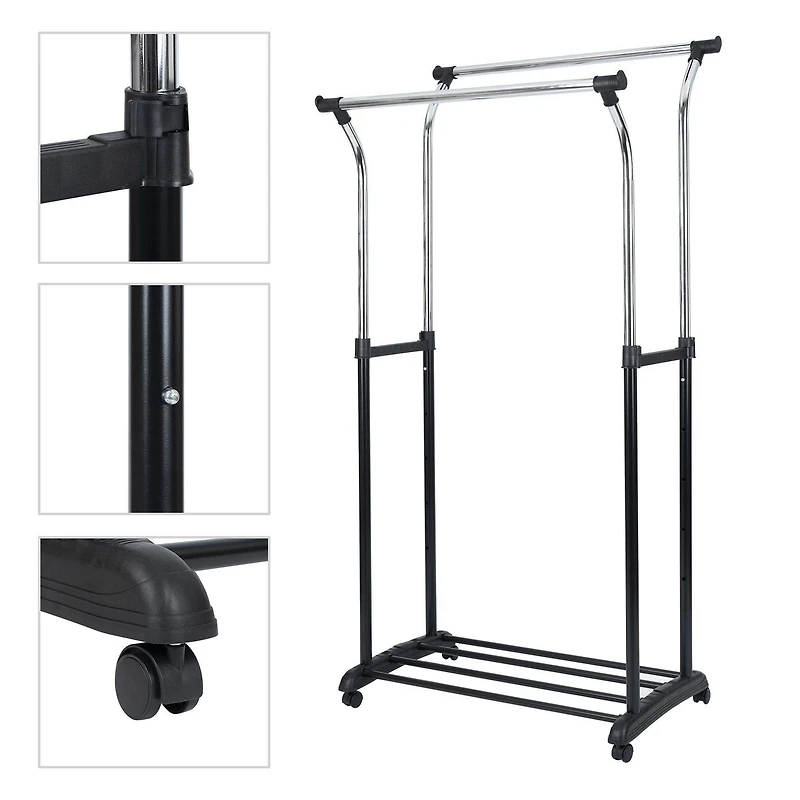 Vêtu de vêtements à double tige Mainstays, organisateur de vêtements roulant, noir/chrome, design évasé, hauteur réglable, rangement de vêtements longs et courts