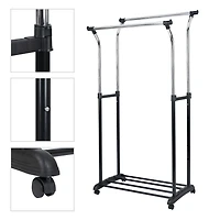 Vêtu de vêtements à double tige Mainstays, organisateur de vêtements roulant, noir/chrome, design évasé, hauteur réglable, rangement de vêtements longs et courts