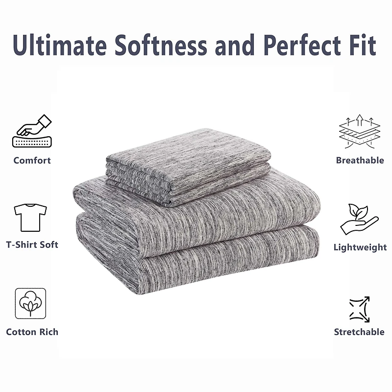 Mainstays Cotton Rich Extra Soft Jersey Bed Sheet Set, Queen, Grey Spacedyed, 4 Pieces