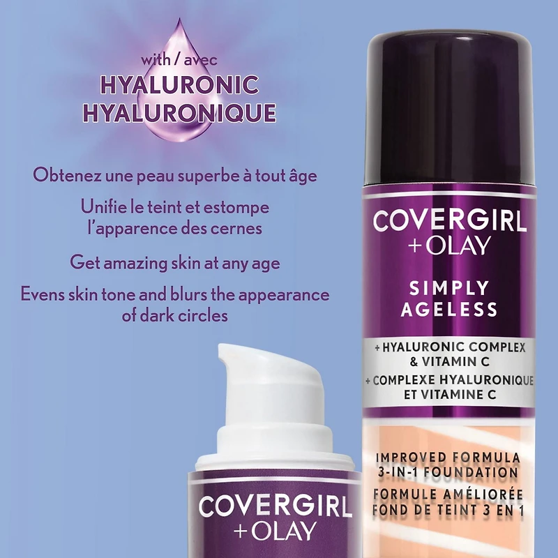 COVERGIRL Fond de teint liquide 3 en 1 Simply Ageless infusé de complexe hyluronique, de vitamine C et de niacinamide - formule hydratante, 100% Sans Cruauté