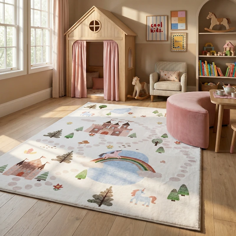 Rug Branch Soft Steps Playtime Unicorns, Castle, Road Map, Educational Soft Area Rug, White Blue - Boys & Girls in Playroom, Nursery, Bedroom