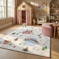 Rug Branch Soft Steps Playtime Unicorns, Castle, Road Map, Educational Soft Area Rug, White Blue - Boys & Girls in Playroom, Nursery, Bedroom