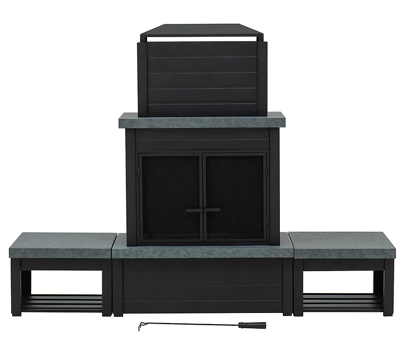 Sunjoy Wood Burning Fireplace, Matte Black Outdoor Steel Fireplace with Chimney, Log Holders, Fireplace Tool, and PVC Cover
