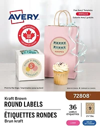 Avery Kraft Brown Round Labels, 2½" Diameter, Permanent Adhesive, for Laser and Inkjet Printer - 72808