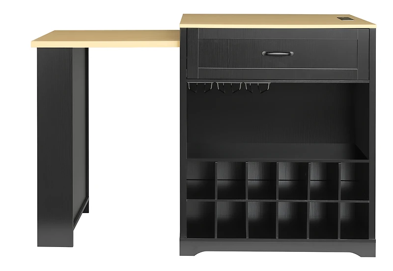 Noble House Extendable Counter Table with Wheels & Power Outlet,Black+Natural