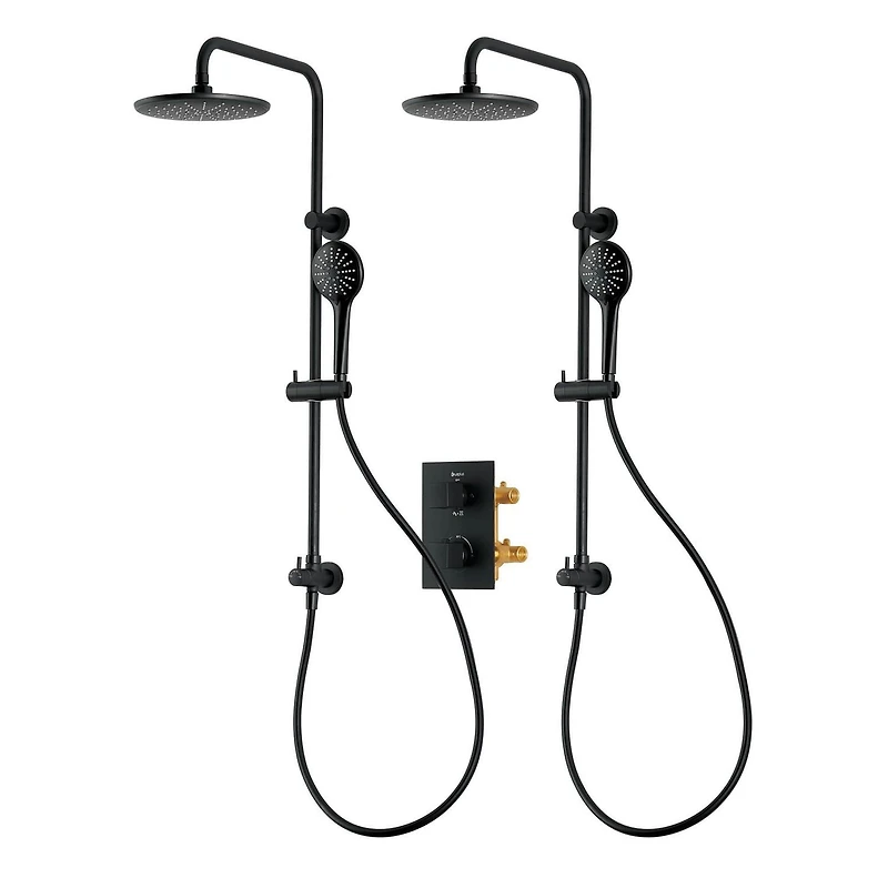 Square 3-functions thermostatic valve, 2 adjustable shower post systems, Matte black finish