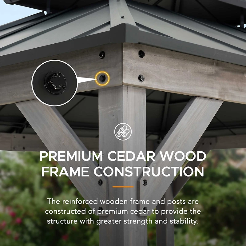 Sunjoy Outdoor Gazebo 10 X 12 ft. 2-tier Hardtop Grey Cedar Framed Gazebo with Steel Hardtop