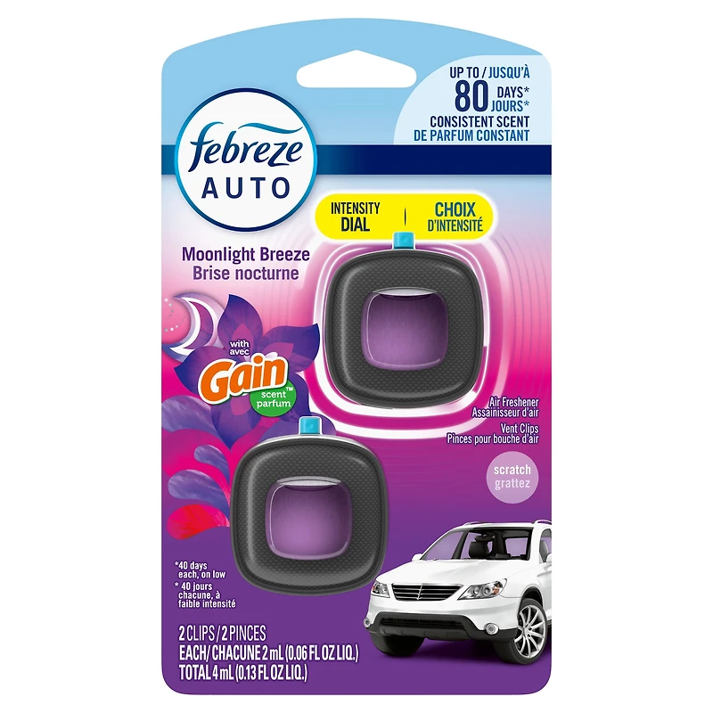 Febreze Car Air Freshener, Odor-Fighting Automotive Vent Clip, Gain Moonlight Breeze Scent, 2ct