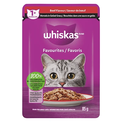 WHISKAS FAVOURITES Adult Wet Cat Food Morsels in Gelled Gravy Beef Flavour 85g Pouch