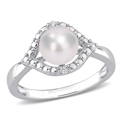 Bague de halo cocktail Miabella avec perle culture d'eau douce et saphir blanc synthétique en argent sterling