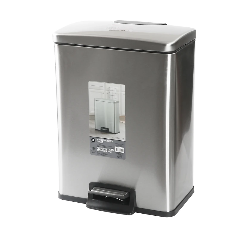 Hometrends 40 Litre Stainless Steel Pedal Trash Can for Kitchen, Removable interior pail with bag cinch for a tight fit, Fingerprint-Resistant Finish