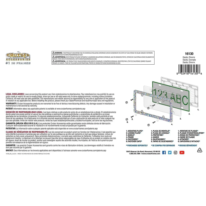 Cruiser Accessories Dazzle, License Plate Frame, Chrome