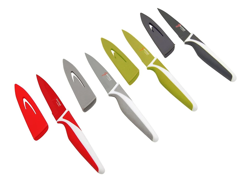Starfrit Gourmet Ensemble De 4 Couteaux À Parer Avec Étui, Lame En Acier Inoxydable 3,5", Manche Antidérapant, Code Couleur, Rangement Sécuritaire