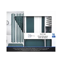 Mainstays 16-Piece Teal Shower Curtain Bathroom Set – Fabric Curtain with Rug, Hooks, Soap Dispenser & Tray