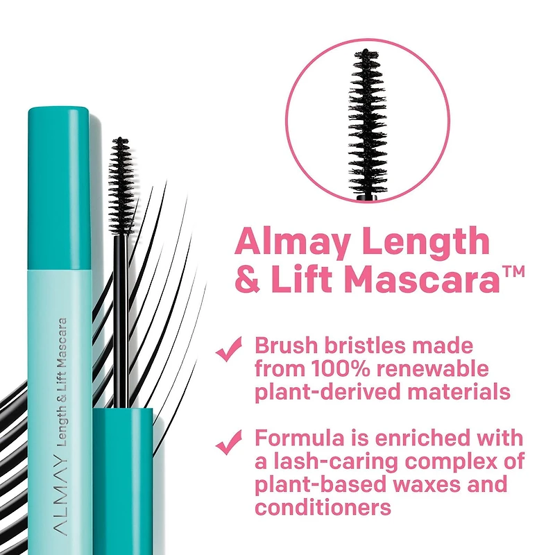 Almay Length & Lift Mascara,Volume & Lift, Eye Makeup, Hypoallergenic and-Fragrance Free, Blackest Black, 0.24 Fl Oz/ 7.1 ml