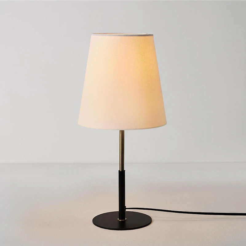 16" Matte Black Table Lamp with Brass Accents and White Linen Shade<br>