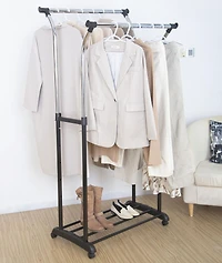 Vêtu de vêtements à double tige Mainstays, organisateur de vêtements roulant, noir/chrome, design évasé, hauteur réglable, rangement de vêtements longs et courts
