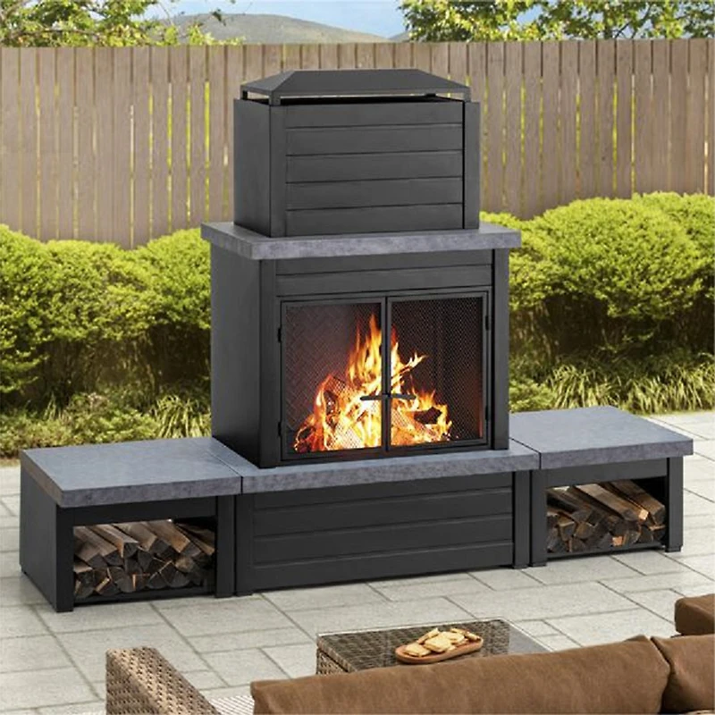 Sunjoy Wood Burning Fireplace, Matte Black Outdoor Steel Fireplace with Chimney, Log Holders, Fireplace Tool, and PVC Cover
