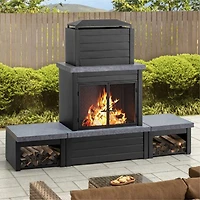 Sunjoy Wood Burning Fireplace, Matte Black Outdoor Steel Fireplace with Chimney, Log Holders, Fireplace Tool, and PVC Cover