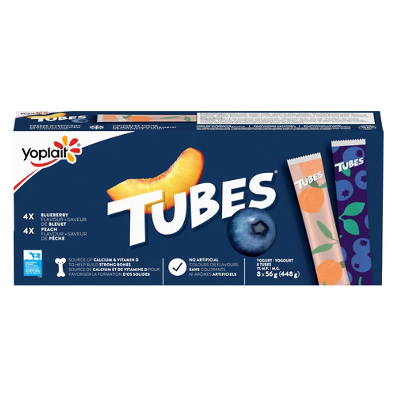 Yoplait 1% Yogurt Tubes, Peach / Blueberry, Kids Snacks, 8x56g