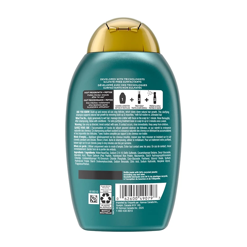 OGX ProGrowth + Peptide Clarifying Shampoo, Gentle Exfoliating Scalp Shampoo Supports Natural Hair Growth by Removing Scalp Build-Up, 1.5% Mandelic Acid