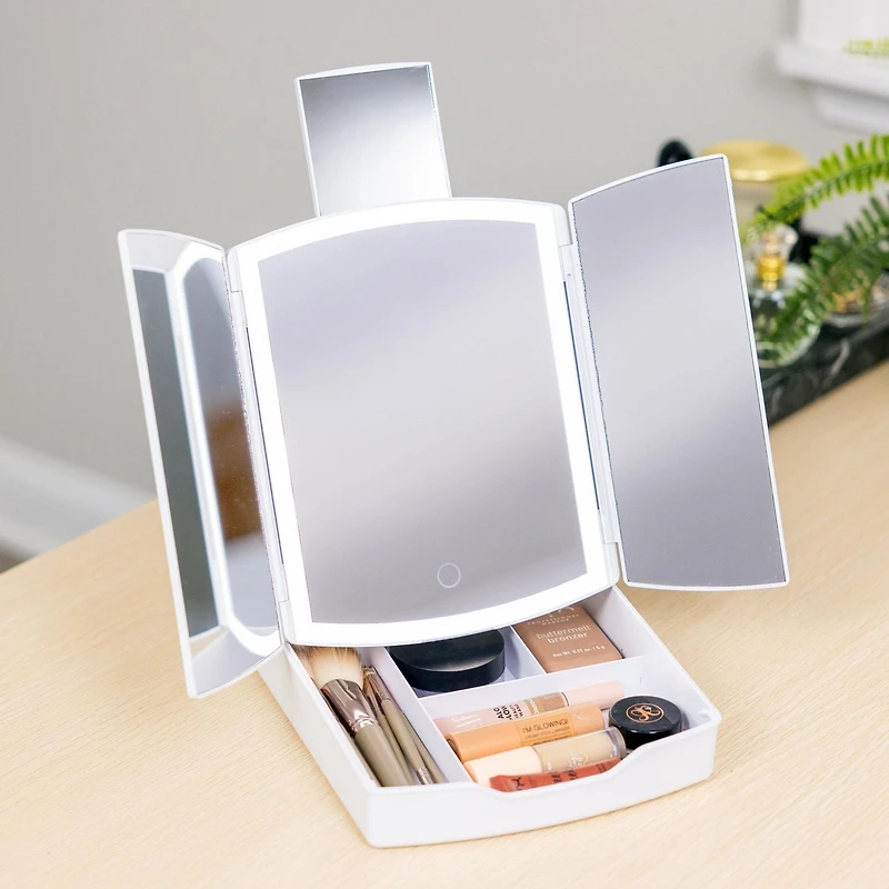 Portable Tri-Fold LED Mirror - Lighted Vanity Mirror with Storage Tray