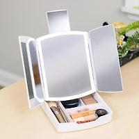 Portable Tri-Fold LED Mirror - Lighted Vanity Mirror with Storage Tray