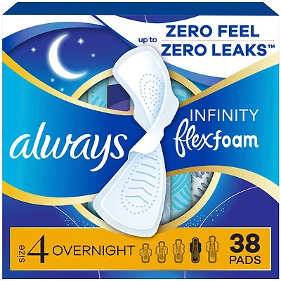 Serviettes Always Infini FlexFoam pour femmes, taille 4, de nuit, avec ailes, sans parfum, 38 serviettes