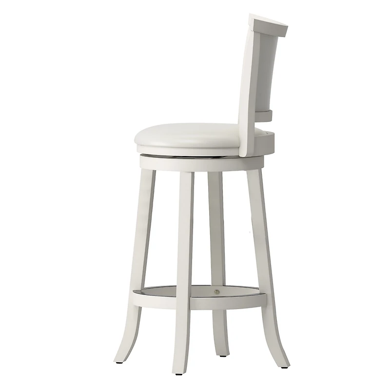 CorLiving Wesley Solid Wood Swivel Bar Height Indoor Barstools with Faux Leather Upholstered Padded Seats and Backs, White (Set of 2)