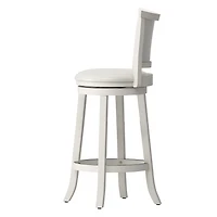 CorLiving Wesley Solid Wood Swivel Bar Height Indoor Barstools with Faux Leather Upholstered Padded Seats and Backs, White (Set of 2)