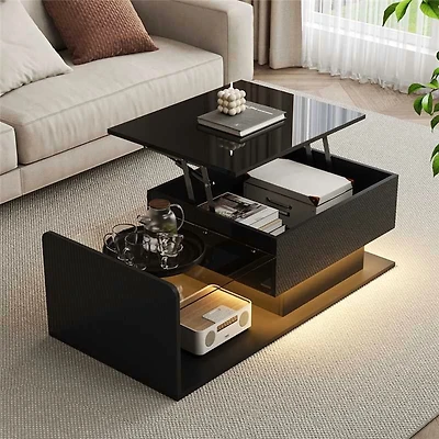 Noble House Table Basse Élévatrice Brillante, LED Contrôlé par Application et Hauteur Réglable avec Dessus en Verre et Rangement, Noir