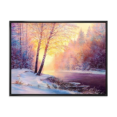 Designart Winter Scenery With Bridge Of Meandering River II FLOAT FRAME WALL ART