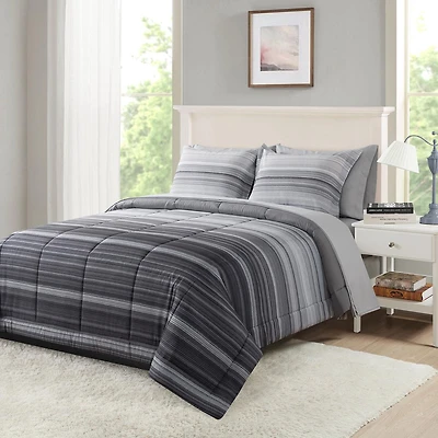 Mainstays – Ensemble de literie Bed-in-a-Bag tout-en-un réversible avec couette et draps, 7 pièces, format double (Full), rayures grises
