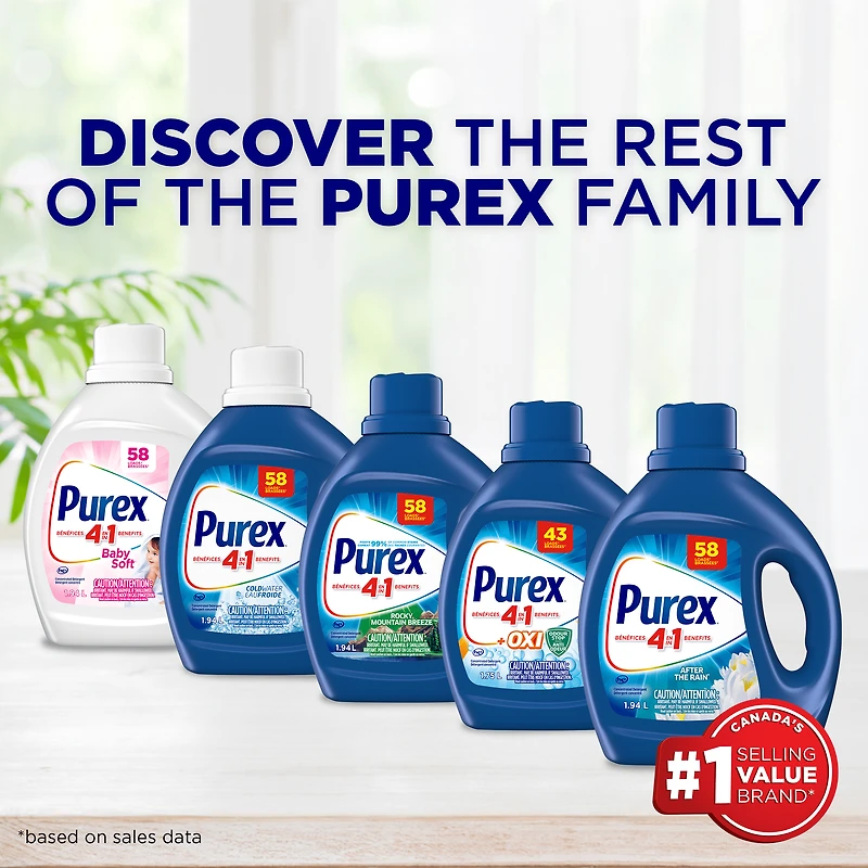 Purex Cold Water, Concentrated Liquid Laundry Detergent with 4in1 benefits, Tough on Stains, Brightens and Whitens Clothes, 1.94, 58 Wash Loads, HE Compatible, 1 bottle