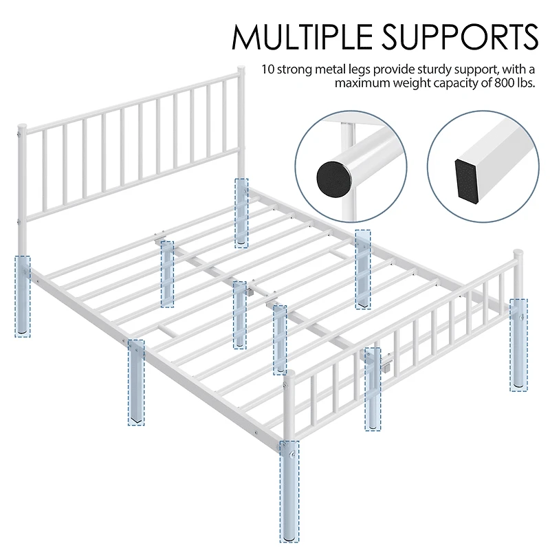 Fullfurnique Minimalist Metal Bed Frame with Vertical Bar Headboard and Footboard, Queen, White