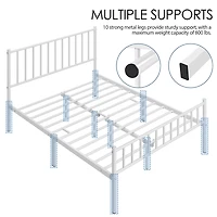 Fullfurnique Minimalist Metal Bed Frame with Vertical Bar Headboard and Footboard, Queen, White