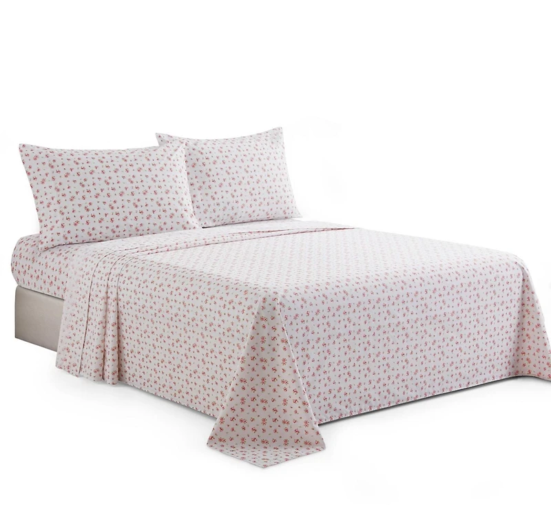 Marina Decoration Printed 600 Thread Count Soft Deep Pocket Hotel Standard Long Staple Cotton Blend Percale All Season Bedding Sheet Set, Pink Rose Floral Pattern