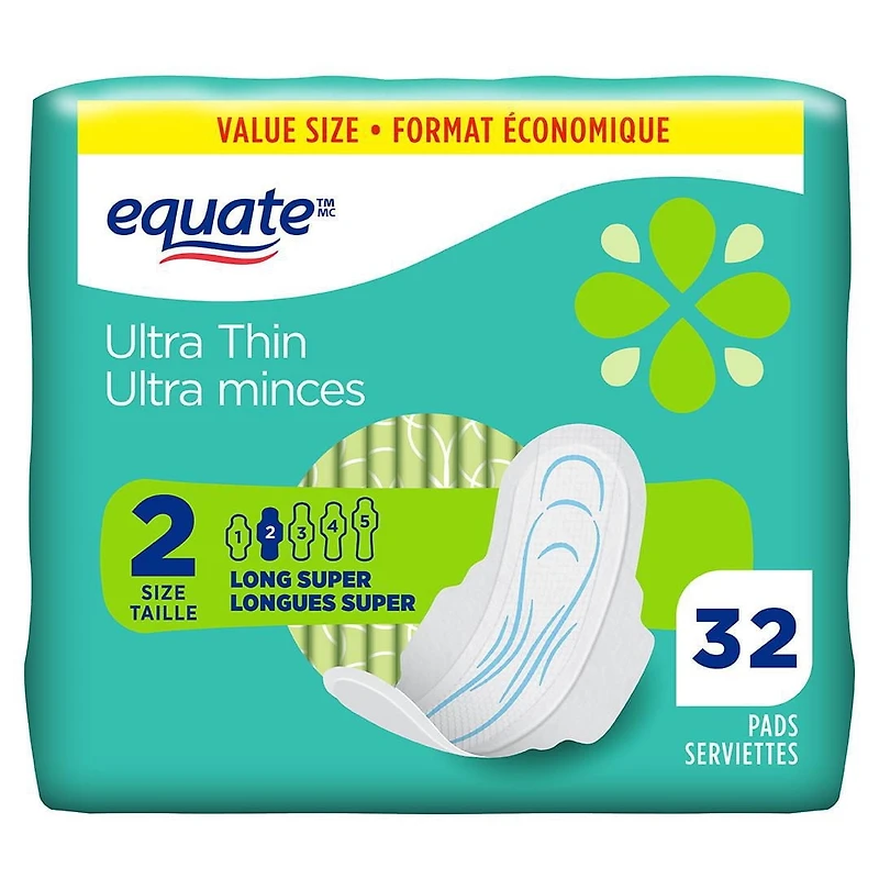 Equate Long Super Absorbency Ultra Thin Pads With Flexi-Wings, Size 2, 32 Count
