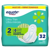 Equate Long Super Absorbency Ultra Thin Pads With Flexi-Wings, Size 2, 32 Count