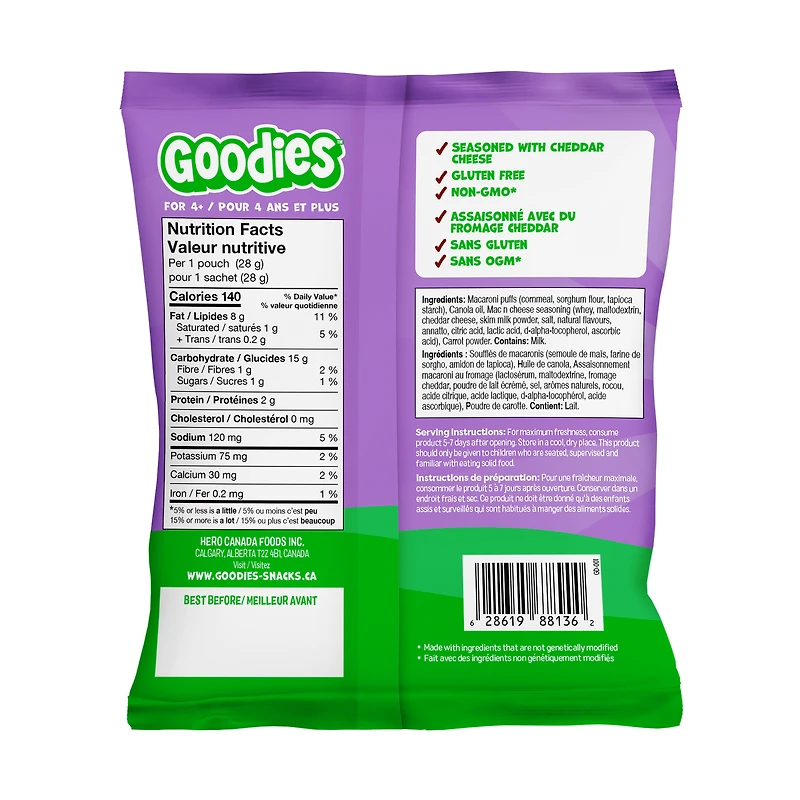 Goodies Mac & Cheese Flavoured Curls. Gluten free puffed snack perfect for lunchboxes and on-the-go moments.